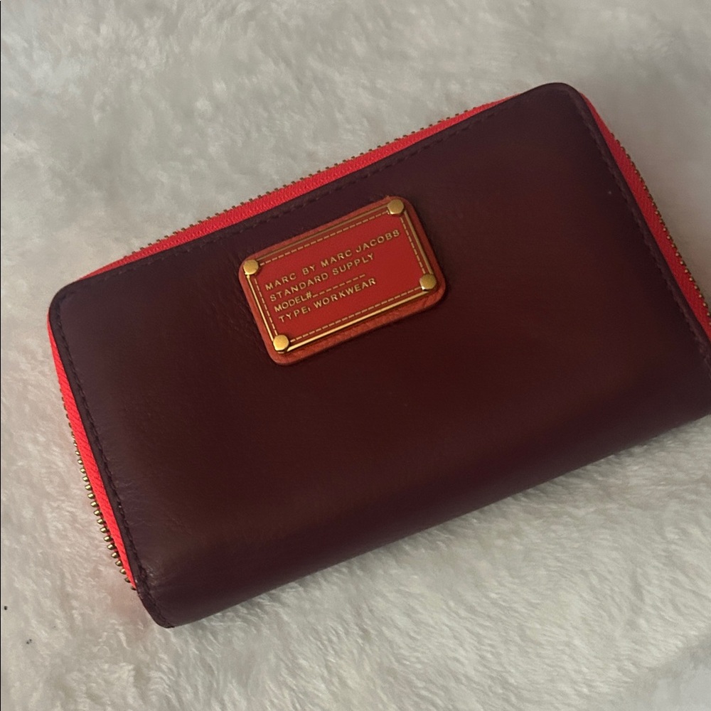 Marc by Marc Jacobs Burgundy Leather Zip Wallet with Red Trim